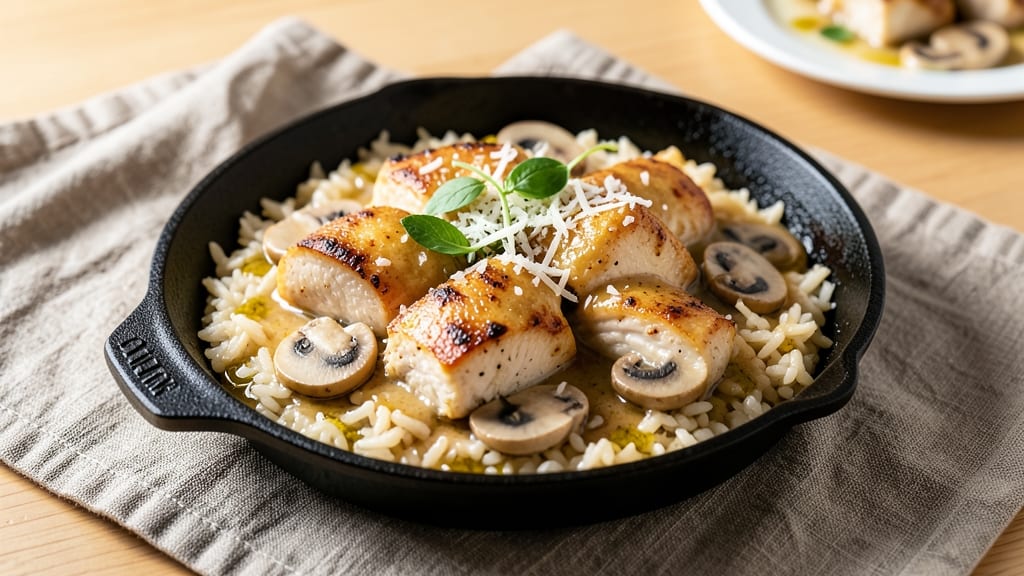 Baked Rice With Chicken and Mushrooms Recipe: Savory Umami Crust With Juicy Protein