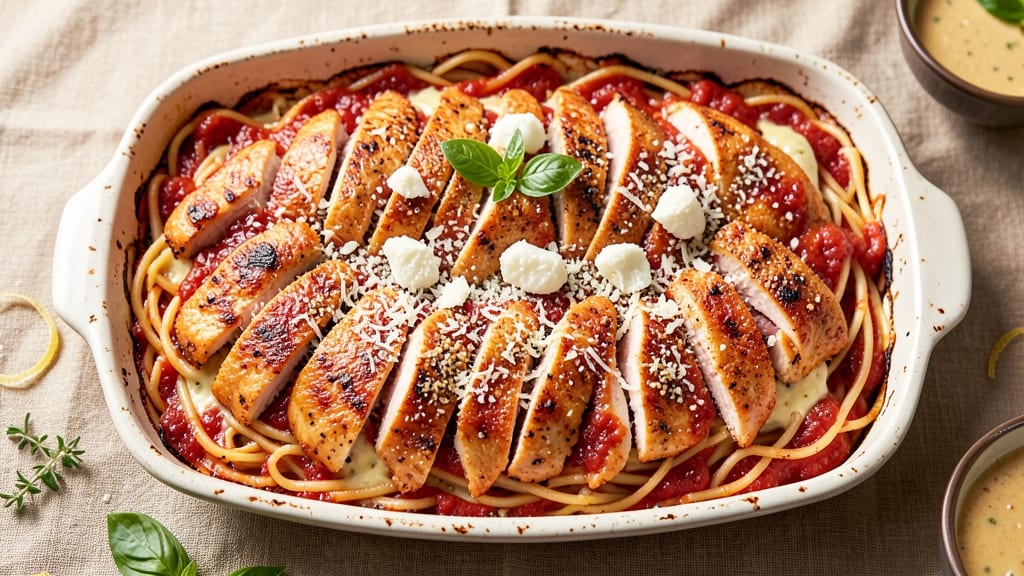 Baked Chicken Parmesan Spaghetti Casserole Recipe: Triple-Layered Comfort Baked to Golden Crisp