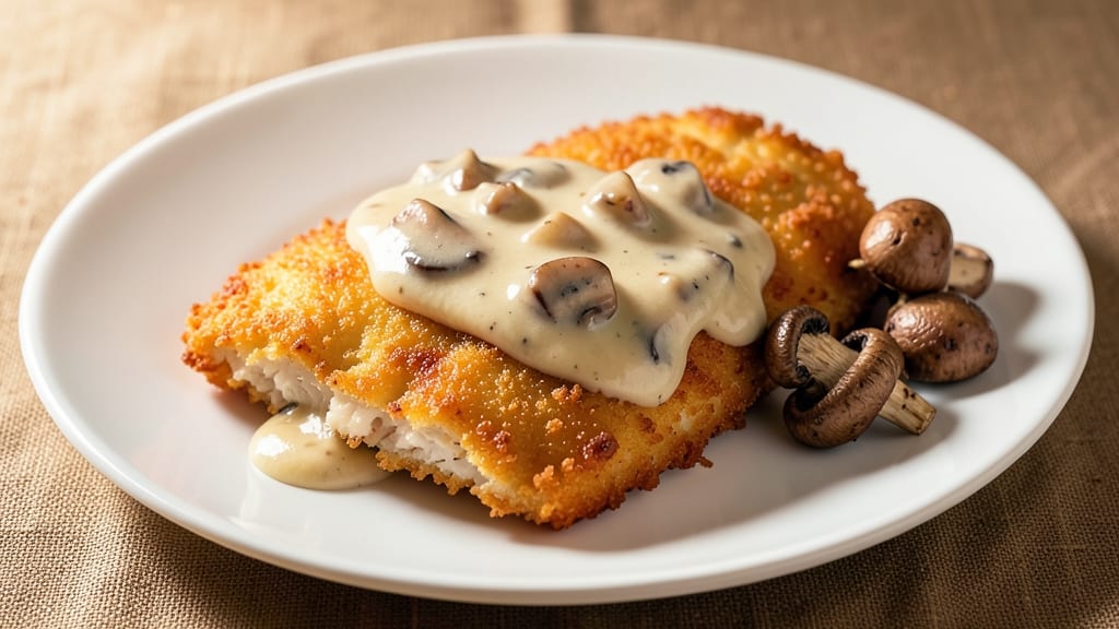 Chicken Schnitzel With Mushroom Cream Sauce Recipe: Crispy Breaded Cutlets in Rich Umami Sauce
