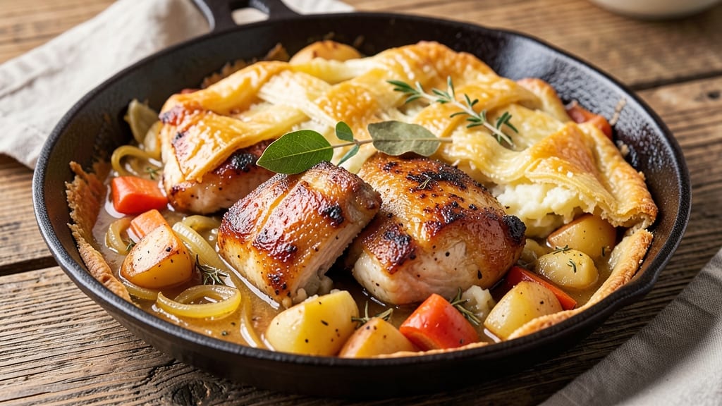 America's Test Kitchen Cast Iron Chicken Pot Pie Recipe: Foil-Sealed Crust and Flaky Dumplings